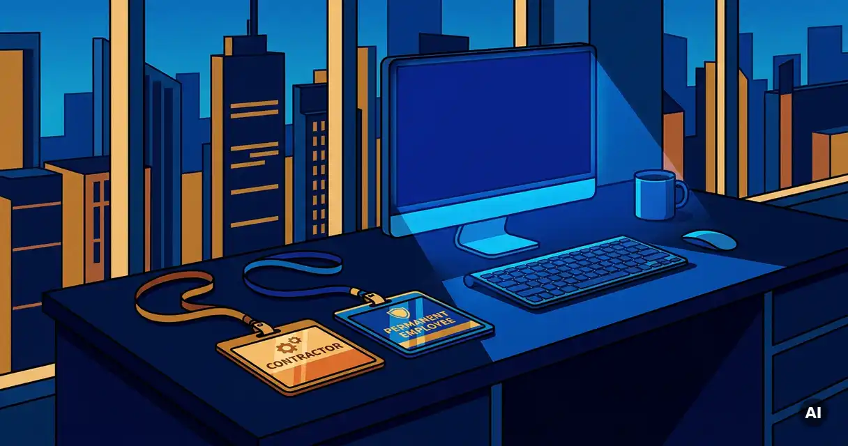 Contractor badge and employee keycard side by side on a dark desk beside a glowing monitor with a city skyline visible through office windows.
