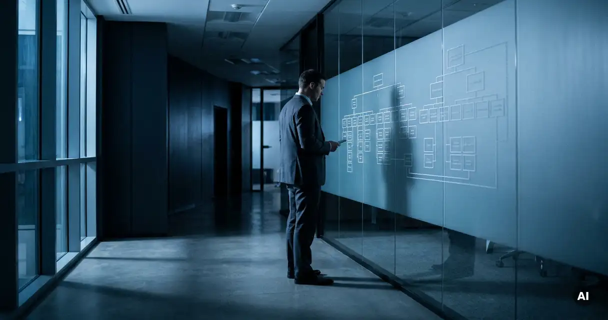 Professional in dark suit examining organizational diagrams on frosted glass wall in a sleek corporate corridor with cool blue lighting.
