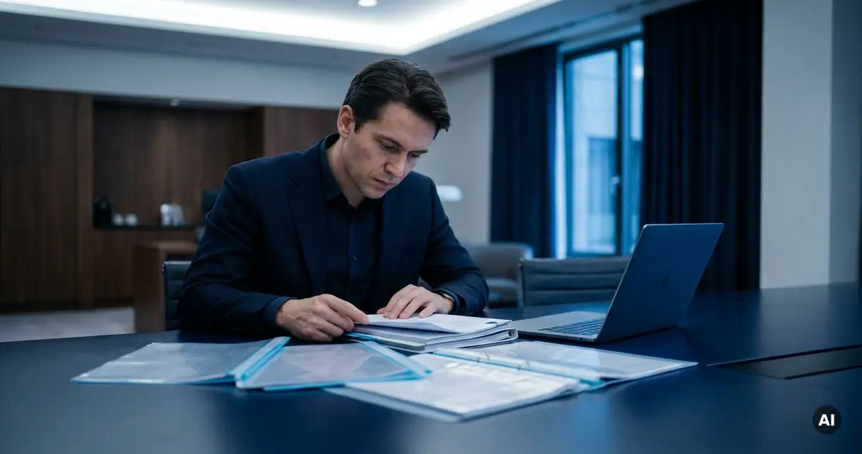 Professional in dark suit reviewing organizational training documents on navy conference table with open laptop nearby.