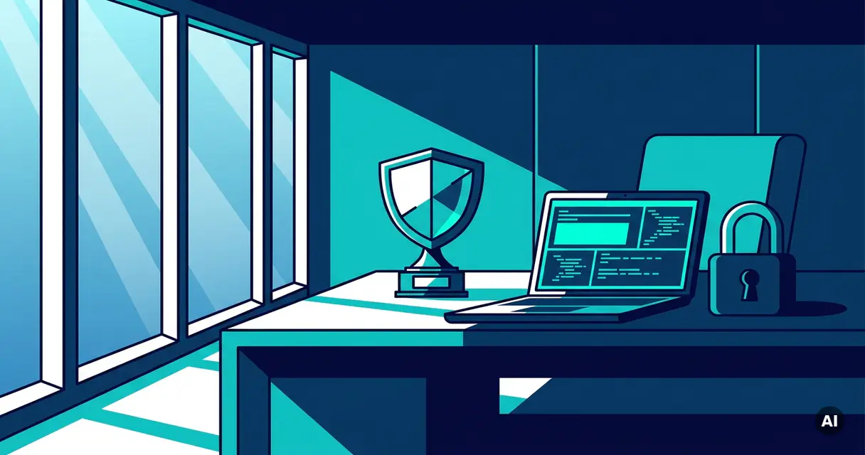 Cybersecurity professional's desk with glowing laptop, padlock, and shield trophy beside floor-to-ceiling windows in navy and teal tones.