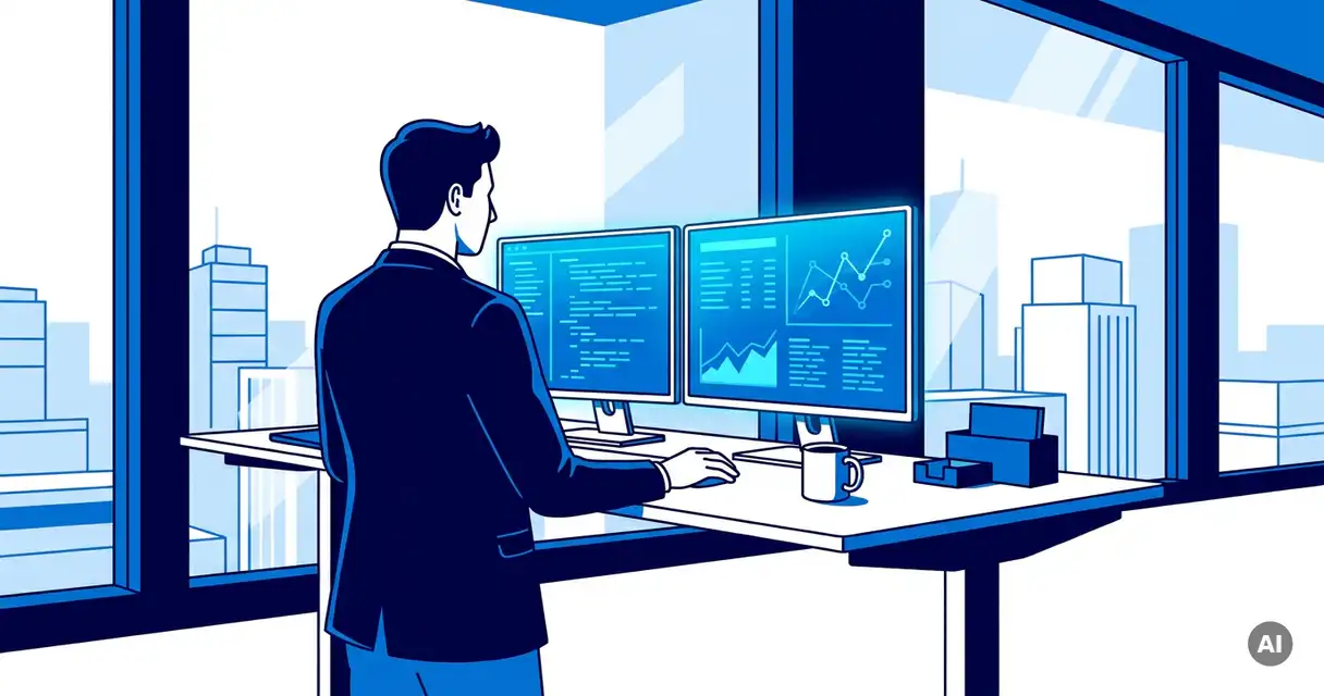 Cybersecurity professional at a standing desk with dual blue-glowing monitors, city skyline visible through floor-to-ceiling windows, flat vector illustration style.