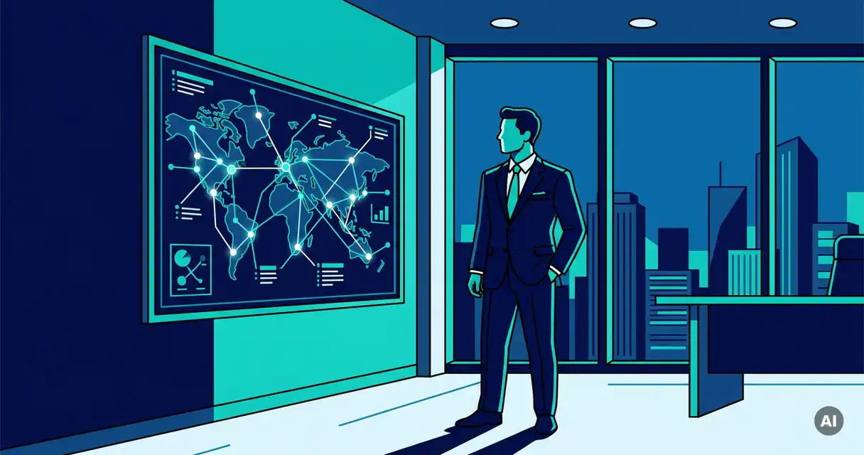 Cybersecurity professional in a suit analyzing a glowing network map in a modern office with city skyline views.