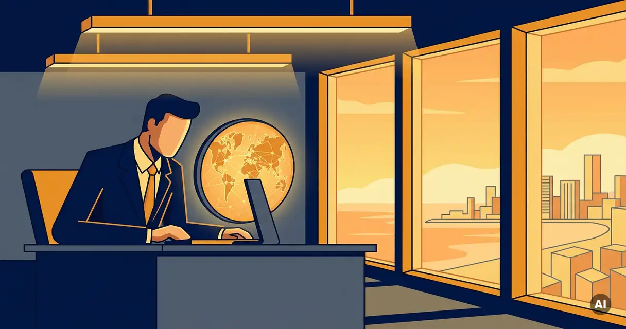 Cybersecurity professional in a suit analyzing glowing network maps on a monitor, dark desk beside coastal windows, navy and amber tones.