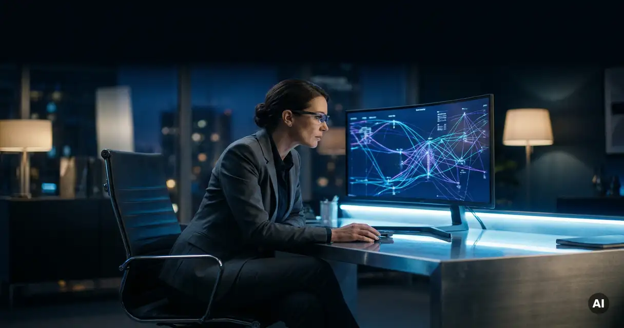 Cybersecurity professional in a dark suit analyzing network topology maps on a large curved monitor in a dimly lit executive office.