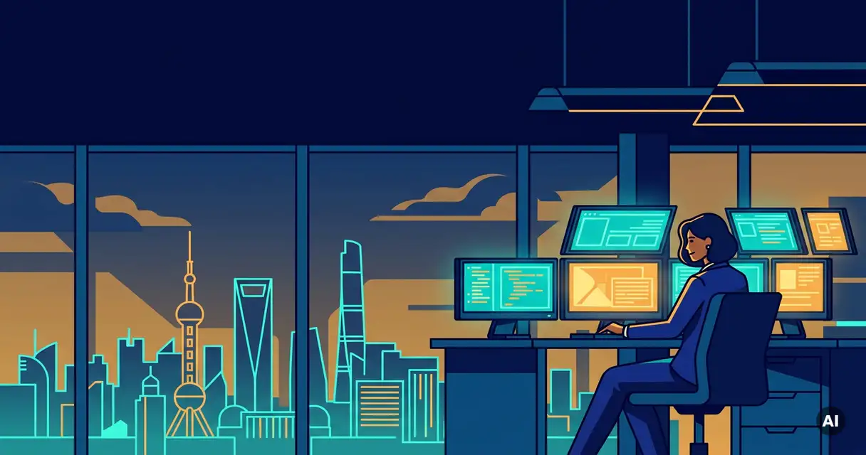 Cybersecurity professional in a blazer analyzing multiple glowing monitors in a Tampa high-rise office with city skyline views.