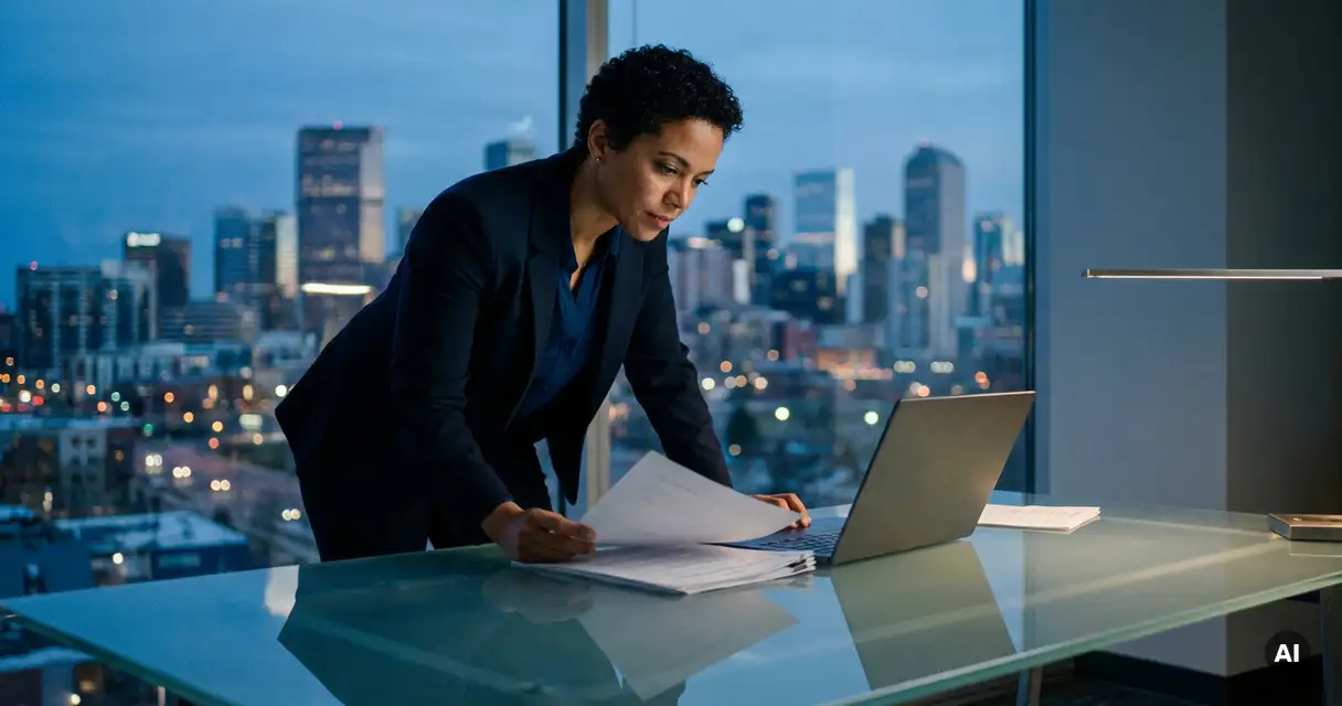 Cybersecurity professional in a blazer reviewing documents at a glass desk with Denver skyline at dusk reflected in cool blue city lights.