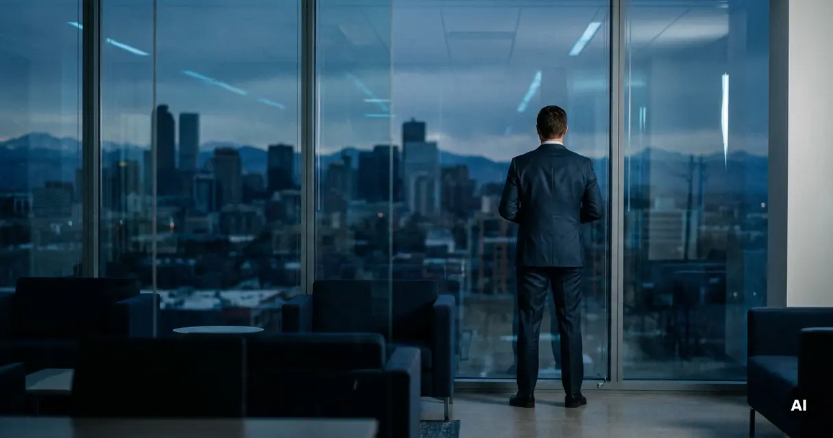 Professional in dark suit gazing at Denver skyline and Rocky Mountains silhouetted at dusk through floor-to-ceiling office windows.