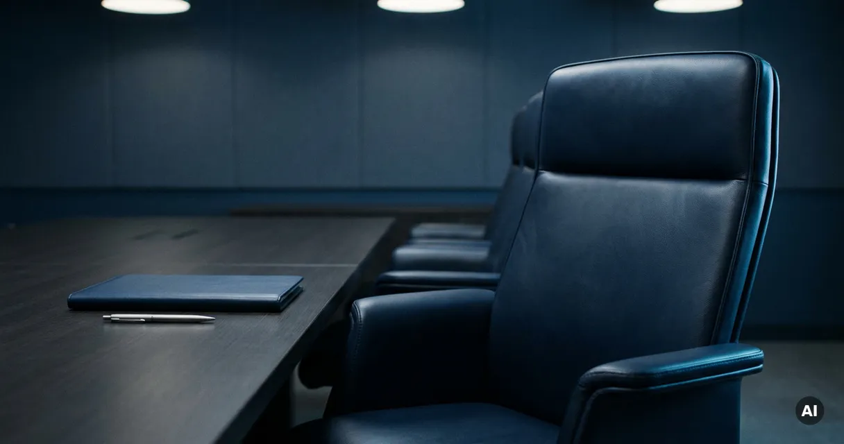 Empty executive chair at a dark-wood boardroom table with a leather portfolio and pen, suggesting a senior leadership vacancy.