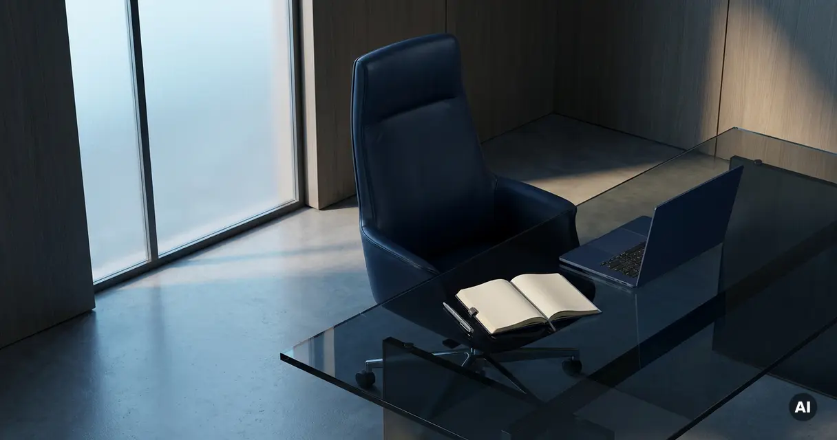 Executive leather chair at a dark-glass desk with an open notebook, metallic pen, and slim laptop in a navy-toned corporate office.