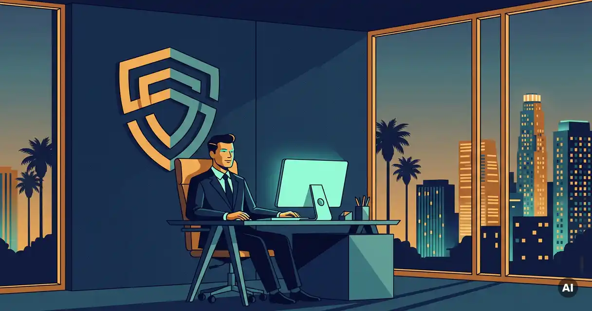 Executive seated at modern workstation with shield emblem on wall and Florida cityscape at dusk visible through floor-to-ceiling windows.