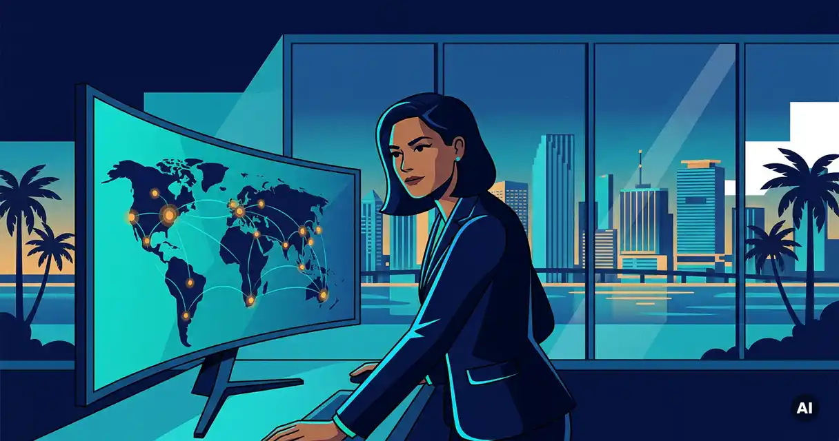 Cybersecurity professional in a blazer analyzing a glowing network map monitor with Florida's city skyline visible through office windows.