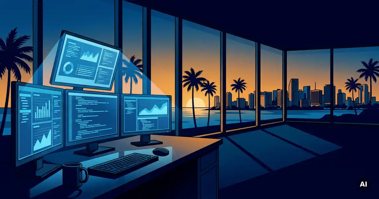 Cybersecurity workstation with blue-lit monitors against a Florida skyline at dusk, illustrated in navy, electric blue, and amber tones.