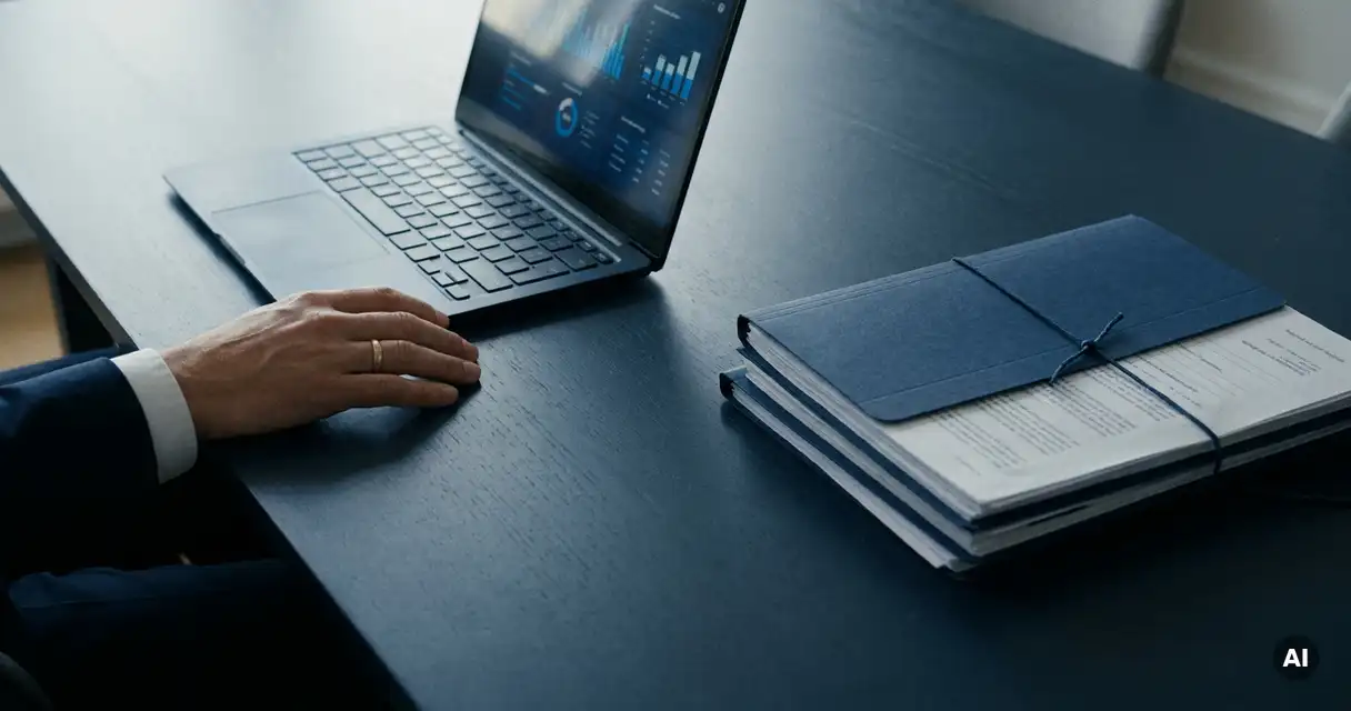 Hand resting beside an open laptop on a navy conference table, with stacked legal folders and printed documents opposite.