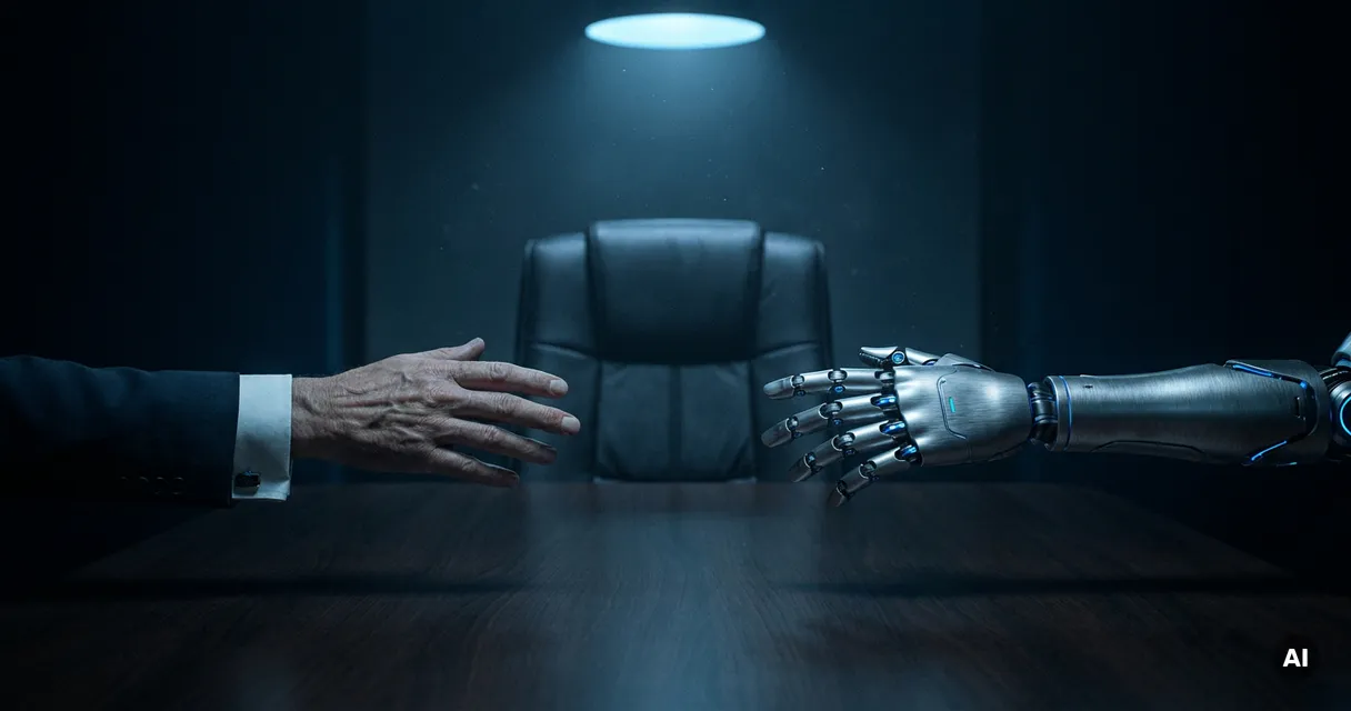 Human hand and robotic hand reaching toward an empty executive chair across a dark conference table, neither claiming it.