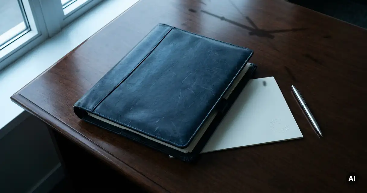 Worn leather portfolio open on a mahogany desk beside a face-down document and silver pen, clock shadow across the surface in cool blue light.