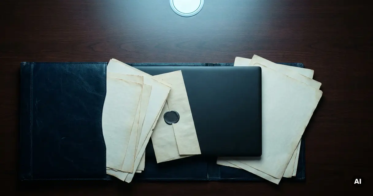 Leather-bound legal dossier open beside a matte-black laptop on a mahogany desk, with a wax-sealed document resting between them.