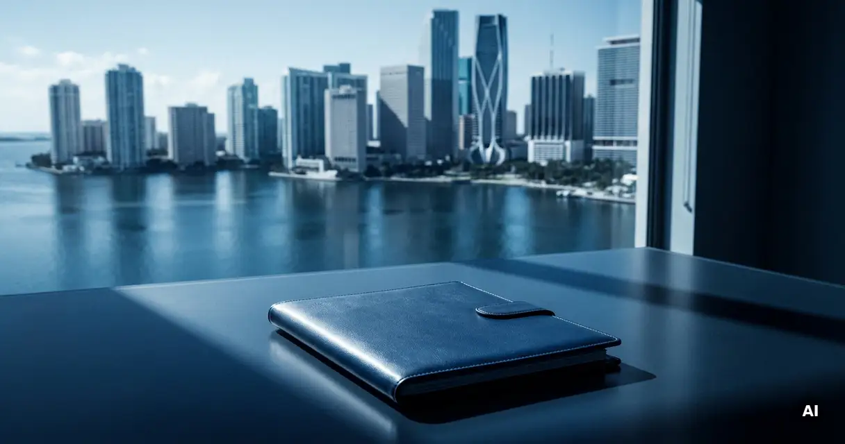 Legal brief folder on a navy desk with Miami's downtown skyline and Biscayne Bay reflected in the background.