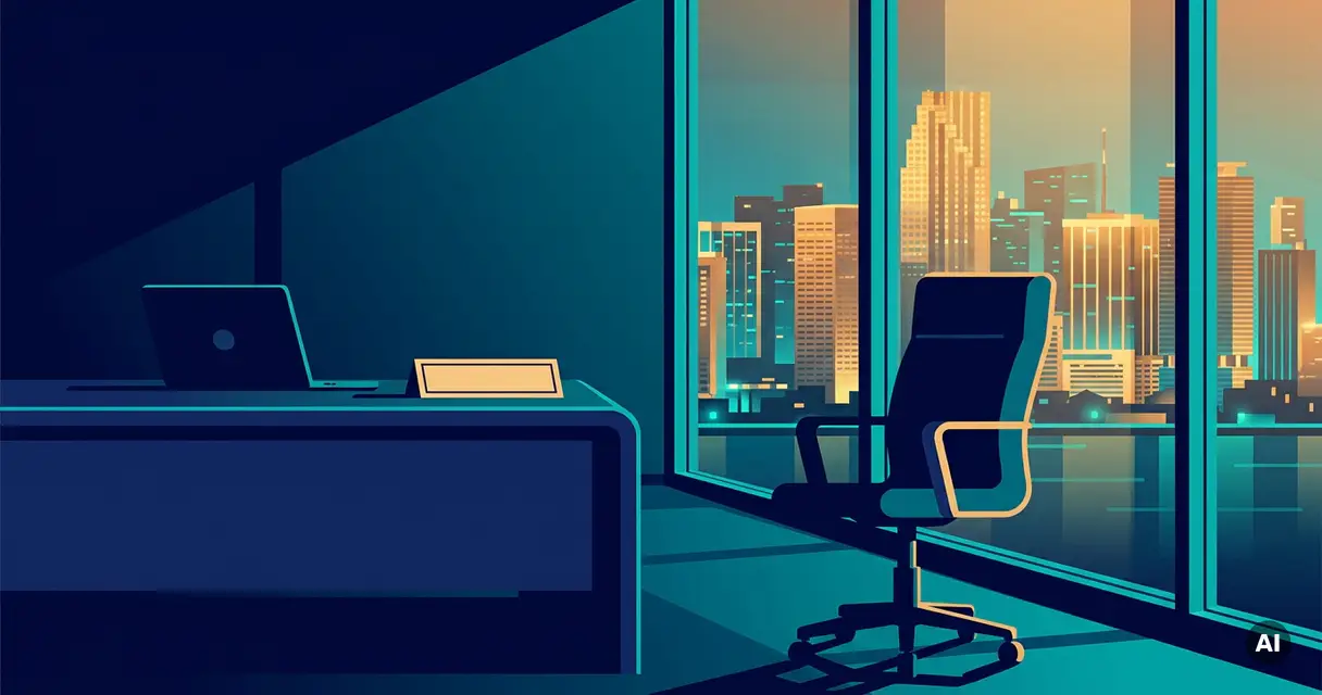Empty office chair at a desk with closed laptop facing Miami's glowing skyline at dusk, evoking an unfilled executive role.