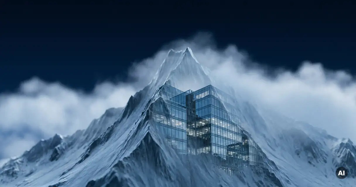 Sharp mountain peak piercing thin clouds against a midnight navy sky, with a glass-and-steel office building reflected in its icy face.