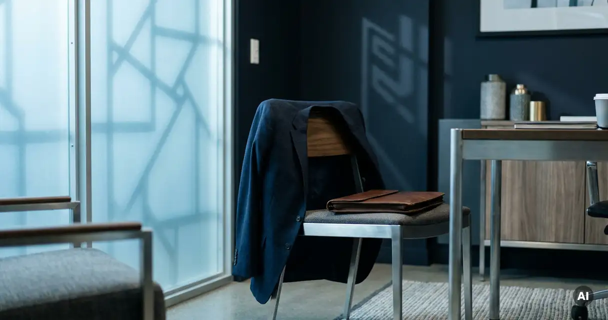 Navy suit jacket draped over a modern office chair beside a closed leather portfolio, with ice-blue light casting geometric shadows on dark walls.