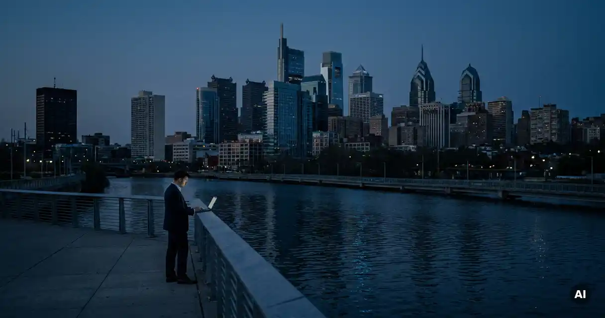 Philadelphia skyline at dusk reflected in the Delaware River, with a suited professional reviewing a laptop on a waterfront promenade.