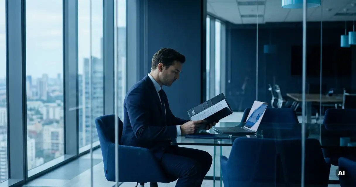 Business professional in dark suit reviewing documents at glass desk with laptop in modern office overlooking city skyline.