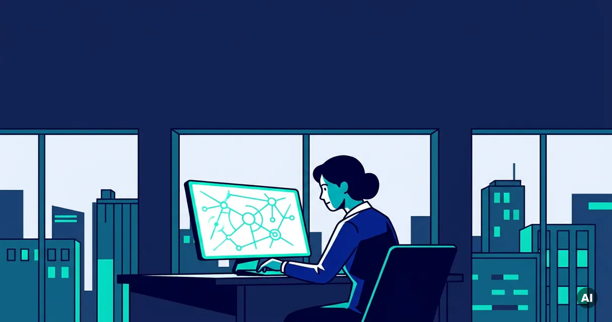 Professional in blazer analyzing network maps on a glowing monitor at a dark desk, city skyline visible through floor-to-ceiling windows.