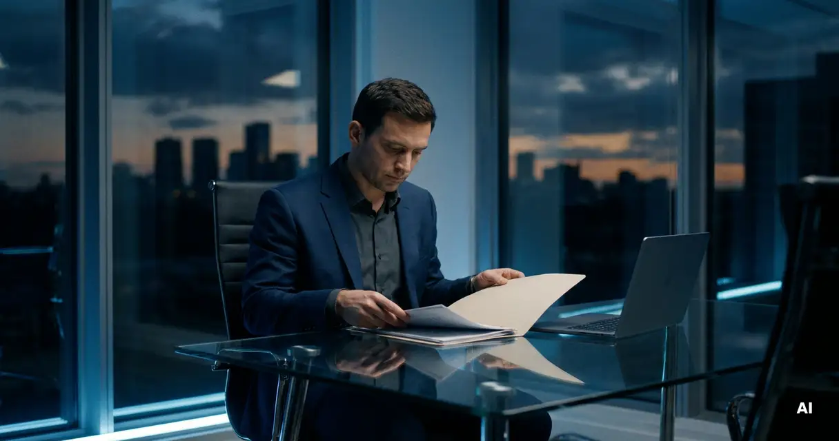 Recruiter reviewing a candidate dossier at a glass desk with the Denver skyline visible at dusk through floor-to-ceiling windows.