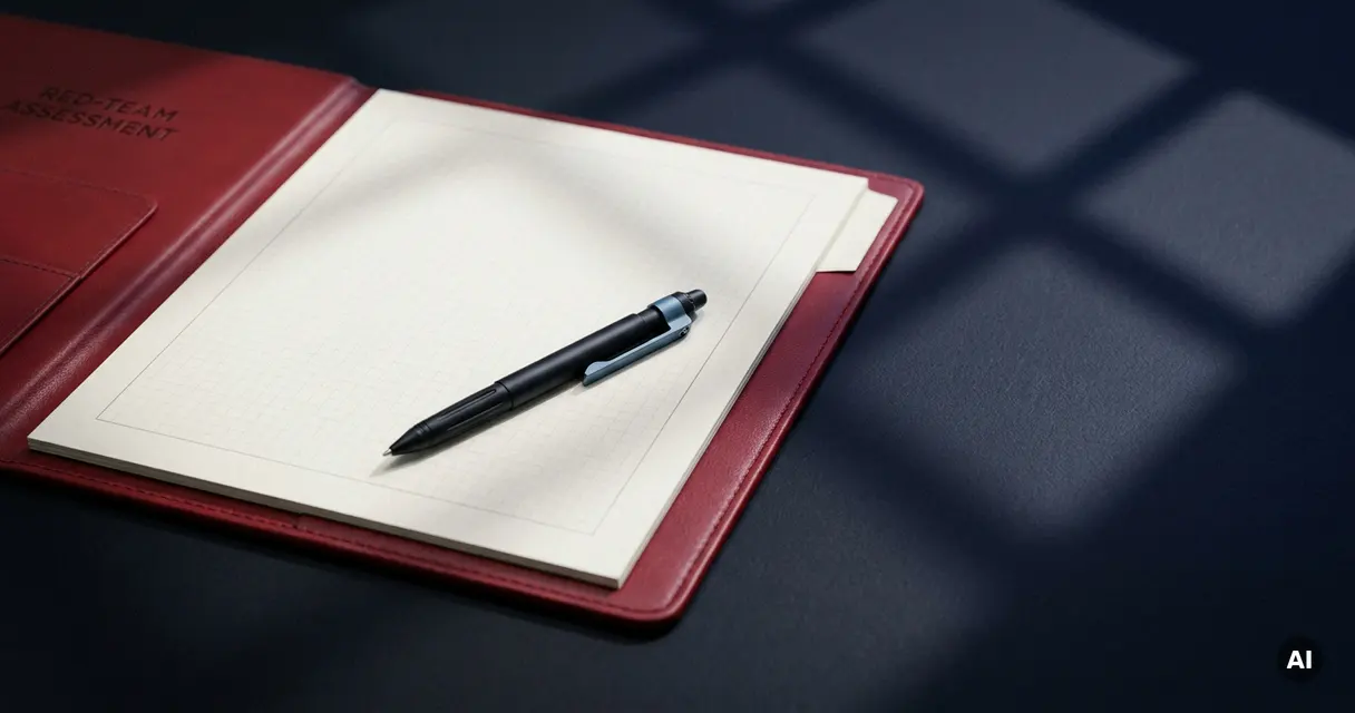 Red-team assessment binder open on a dark conference table with a tactical pen resting across classified security documentation.