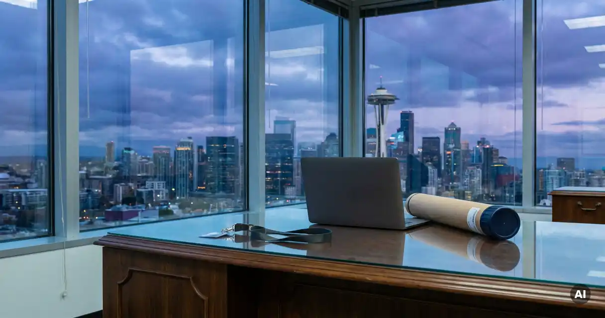 Executive desk in a Seattle high-rise at dusk, with a closed laptop, blueprint tube, and corporate ID lanyard against a city skyline backdrop.