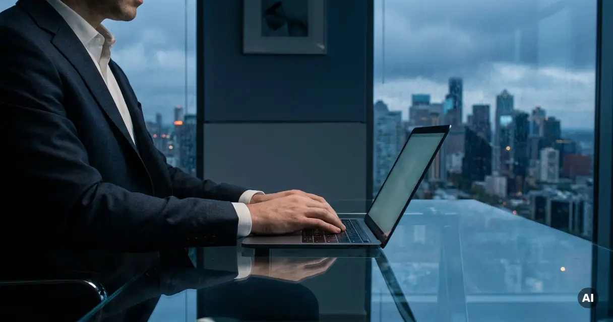 Professional in dark suit reviewing laptop at minimalist glass desk with Seattle skyline at dusk in cool blue tones.