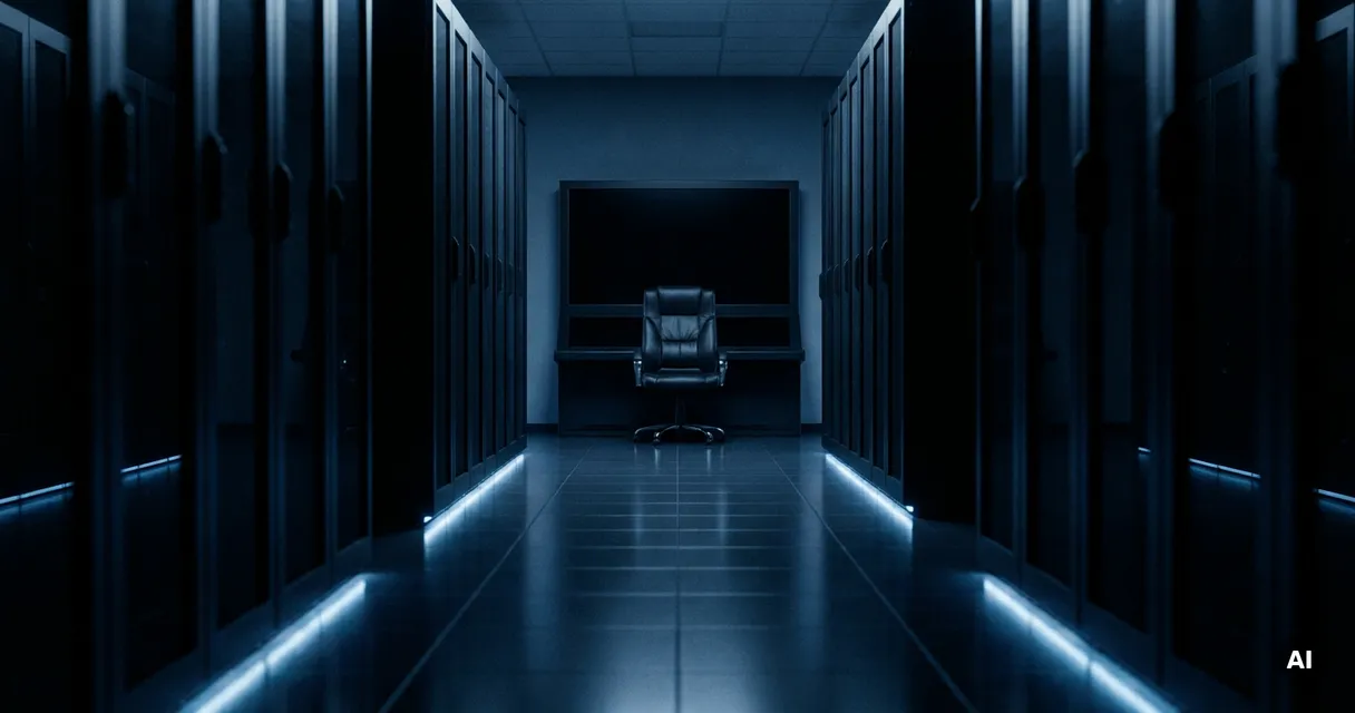 Empty executive chair at the end of a dimly lit server room corridor with navy blue tones and ice-blue rack lighting.