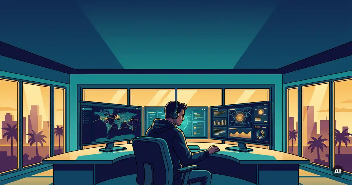 SOC analyst monitoring network dashboards at a curved multi-screen workstation with Miami skyline at golden hour through floor-to-ceiling windows.